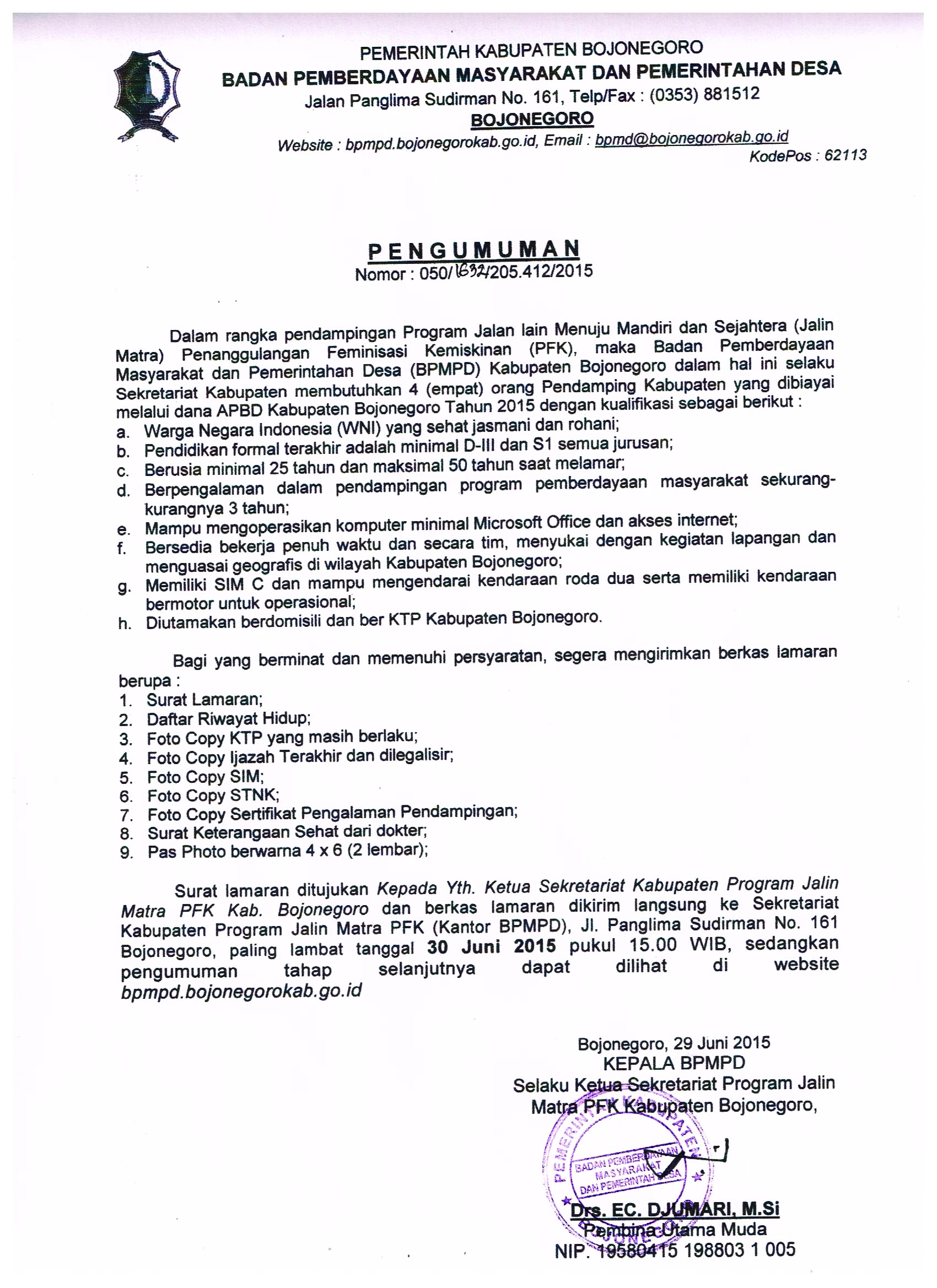 Rekruitmen Pendamping Program Jalin Matra PFK APBD Kab. Bojonegoro Tahun 2015