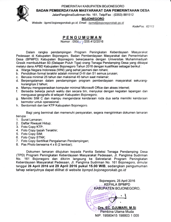 Pengumuman Rekruitmen TPD APBD Kab. Bojonegoro
