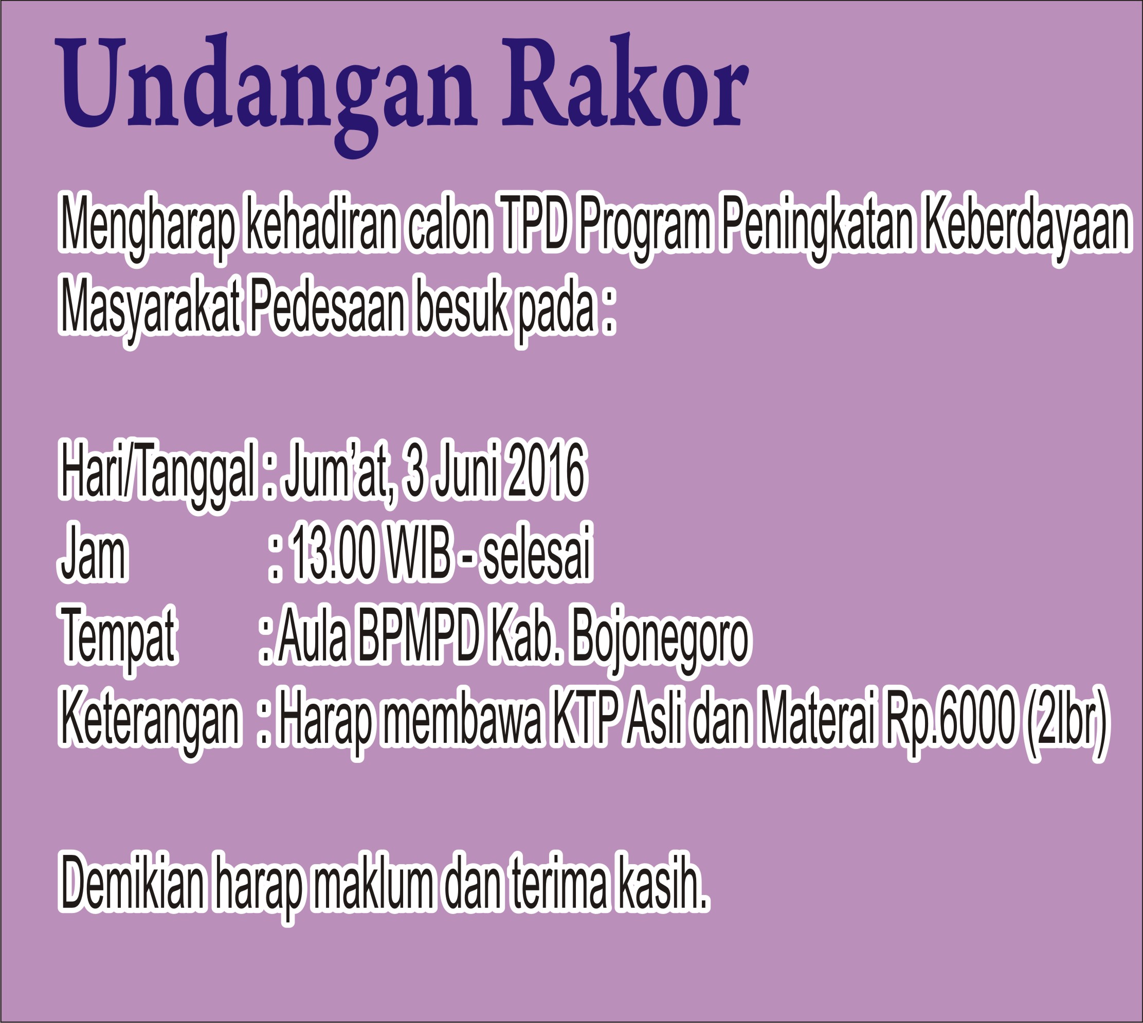 Undangan Rakor Calon TPD Tahun 2016