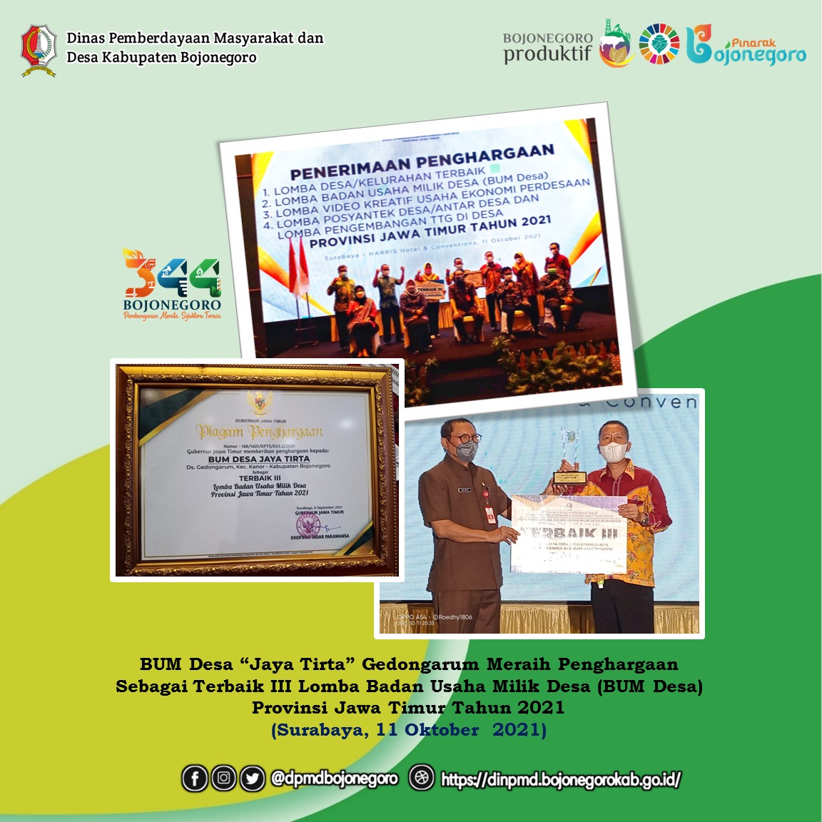 BUMDesa Jaya Tirta Gedongarum Raih Penghargaan Sebagai Terbaik III Lomba BUMDesa Se-Jawa Timur 2021