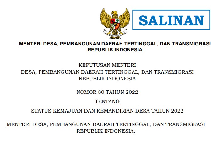 SK MENTERI DESA PDTT RI NO. 80 TAHUN 2022 TENTANG STATUS KEMAJUAN DAN KEMANDIRIAN DESA