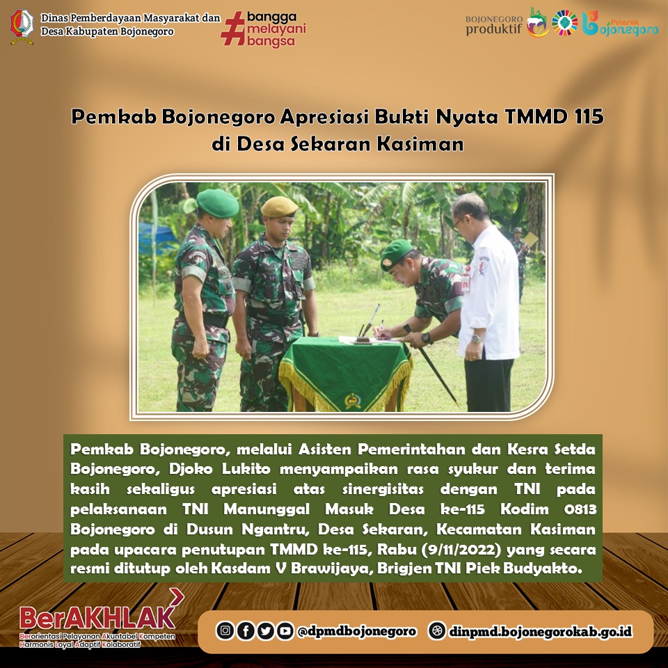 Dedikasi Membangun NKRI, Pemkab Bojonegoro Apresiasi Bukti Nyata TMMD 115 di Ngantru Sekaran Kasiman