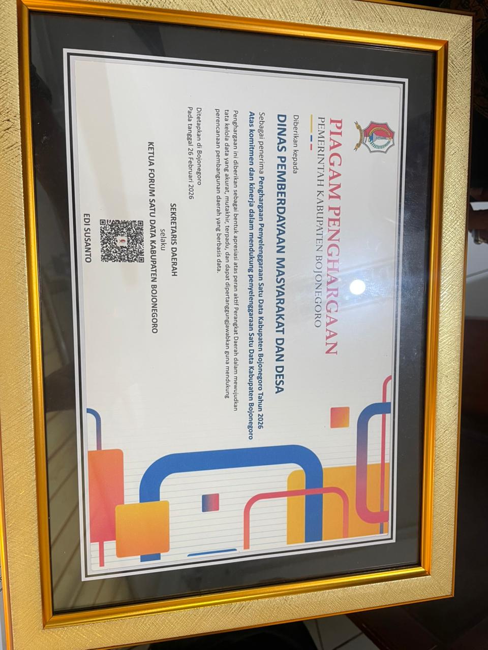 Perkuat Tata Kelola Data, DPMD Bojonegoro Raih Penghargaan Penyelenggaraan Satu Data 2026