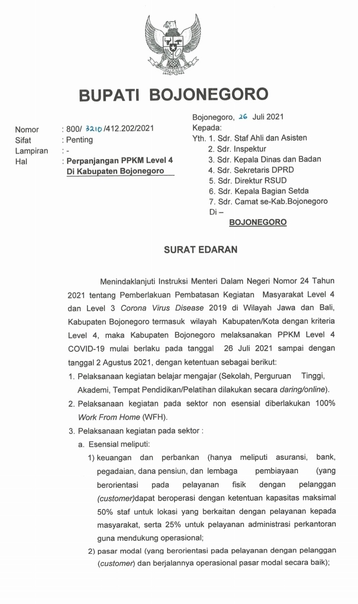 SE Bupati Bojonegoro Perpanjangan PPKM Level 4 di Kabupaten Bojonegoro